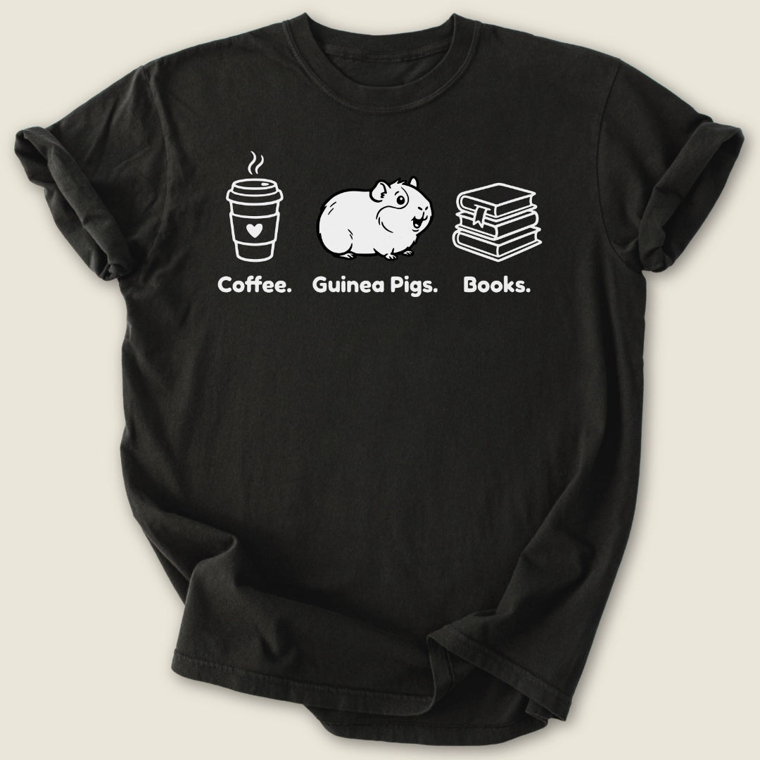 Coffee. Guinea Pigs. Books. T-shirt-Tee-Black-Guinea Pig Culture