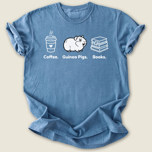 Coffee. Guinea Pigs. Books. T-shirt-Tee-Blue Jean-Guinea Pig Culture