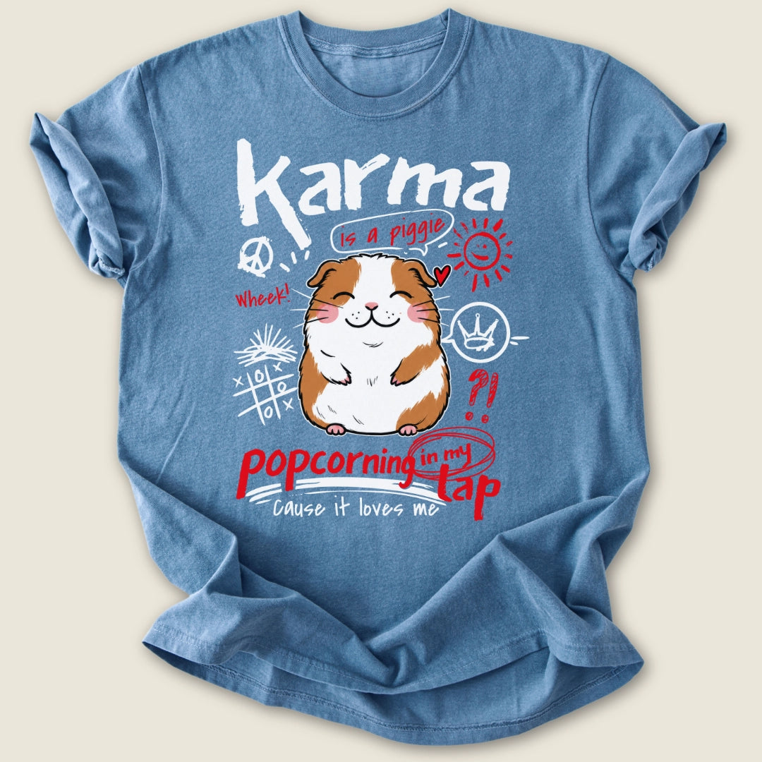 Karma Is A Piggie T-shirt-Tee-Blue Jean-Guinea Pig Culture