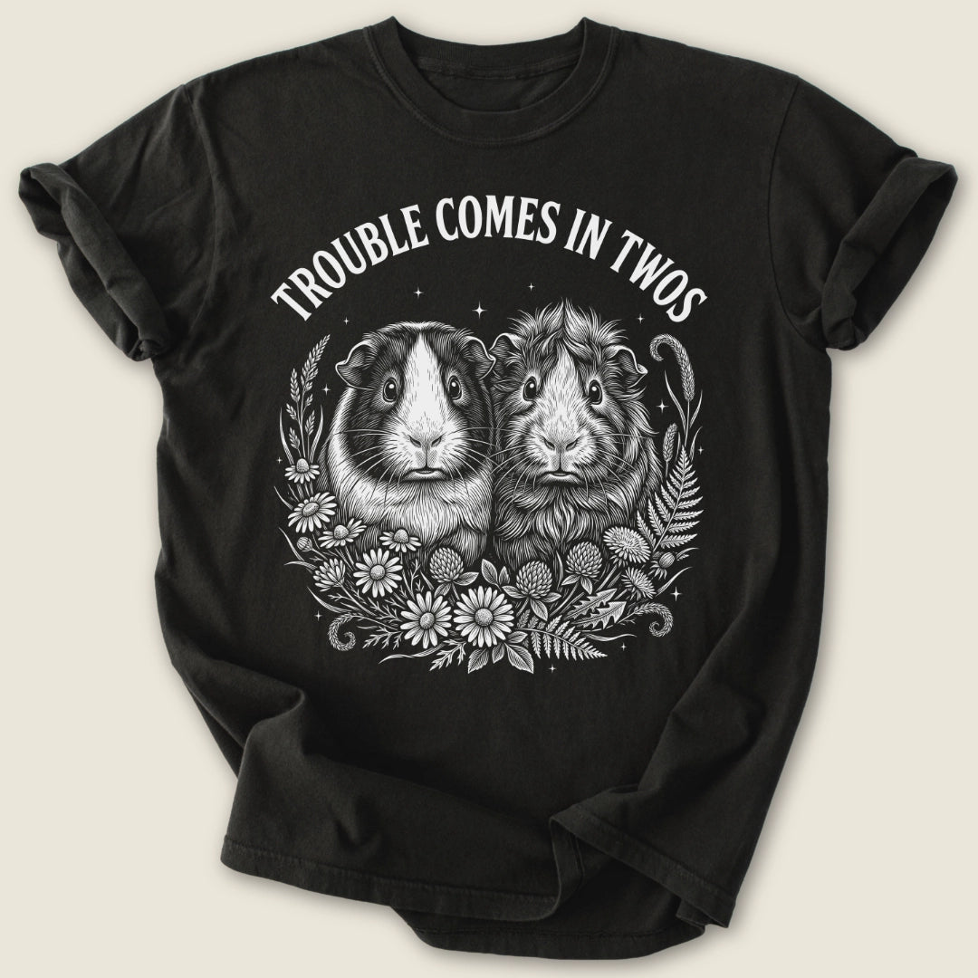 Trouble Comes In Twos T-shirt-Tee-Black-Guinea Pig Culture